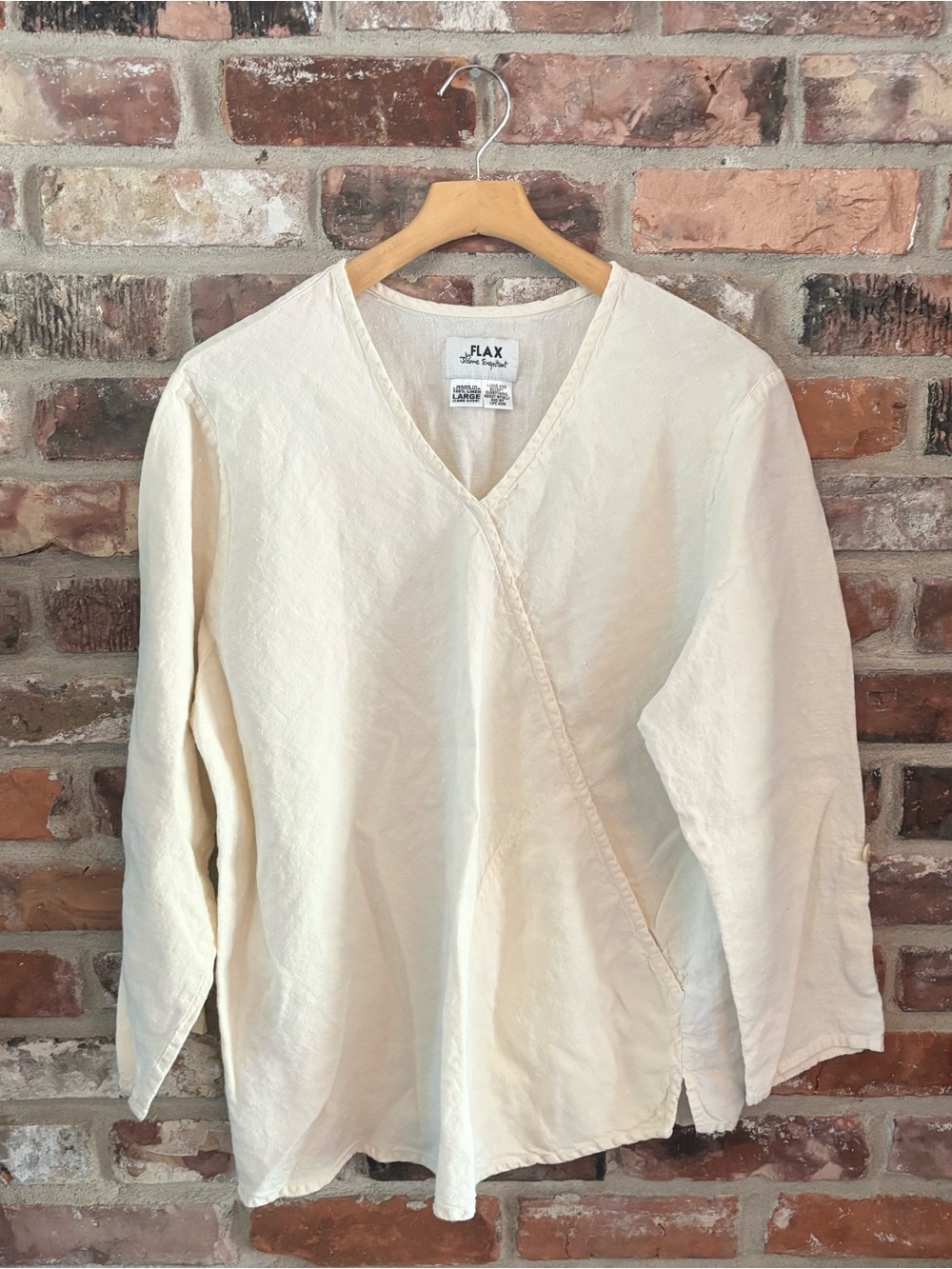 Flax Cream White Linen V Neck Long Sleeve Tunic Top, L